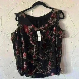 White House Black Market‎ Floral Velvet Cold Shoulder Statement Top, Black Sz 0
